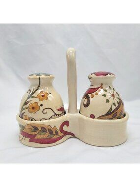 Pier 1 Imports Carynthum Salt & Pepper Shaker Set With Holder Handcrafted Earthe